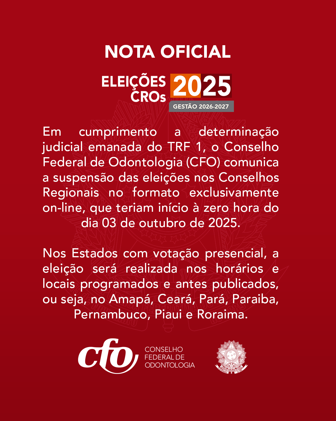 ELEIÇÕES ONLINE CROs  SUSPENSAS